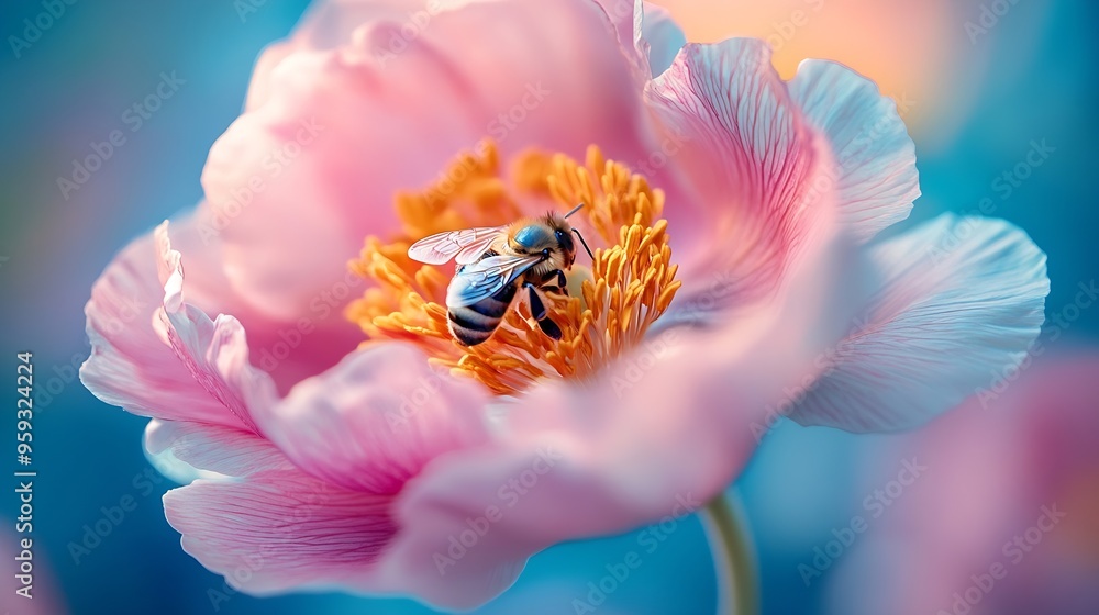 Colorful flower close up with a bee : Generative AI Colorful flower close up with a bee : Generative AI