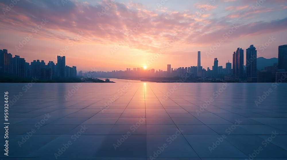 Empty square floors with modern city buildings scenery at sunrise in Chongqing : Generative AI Empty square floors with modern city buildings scenery at sunrise in Chongqing : Generative AI