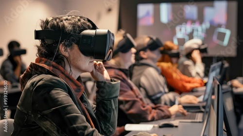 Woman wearing a VR headset in a classroom setting with other people.