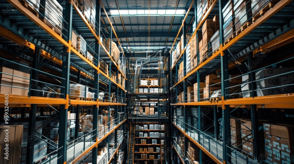 A high-ceilinged warehouse with mezzanine floors to increase storage capacity. The innovative use of vertical space highlights the importance of maximizing available area in warehousing A high-ceilinged warehouse with mezzanine floors to increase storage capacity. The innovative use of vertical space highlights the importance of maximizing available area in warehousing