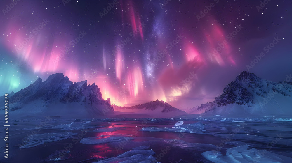 Naklejka premium Arctic Landscape with Aurora Borealis - 3D Illustration