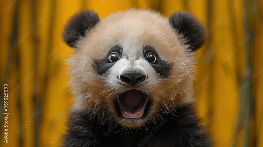 Fototapeta premium Surprised Panda with Big Eyes - Funny Animal Expression on Yellow Background