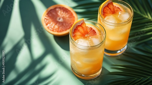 Summer flat lay with two glasses of refreshment drinks and grapefruit slices on green background with palm leaf shadow sun and sunlight Vacation holiday mocktail creative minimal conce : Generative AI