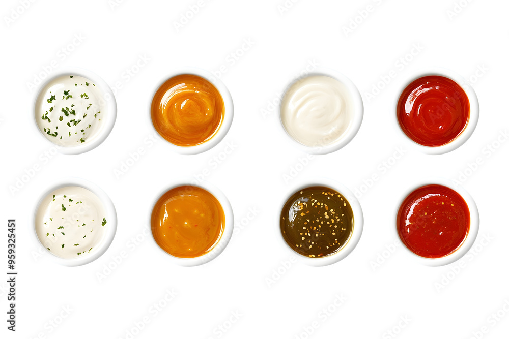 Realistic various sauces and dips top view, png clipart set for culinary and food design projects Realistic various sauces and dips top view, png clipart set for culinary and food design projects