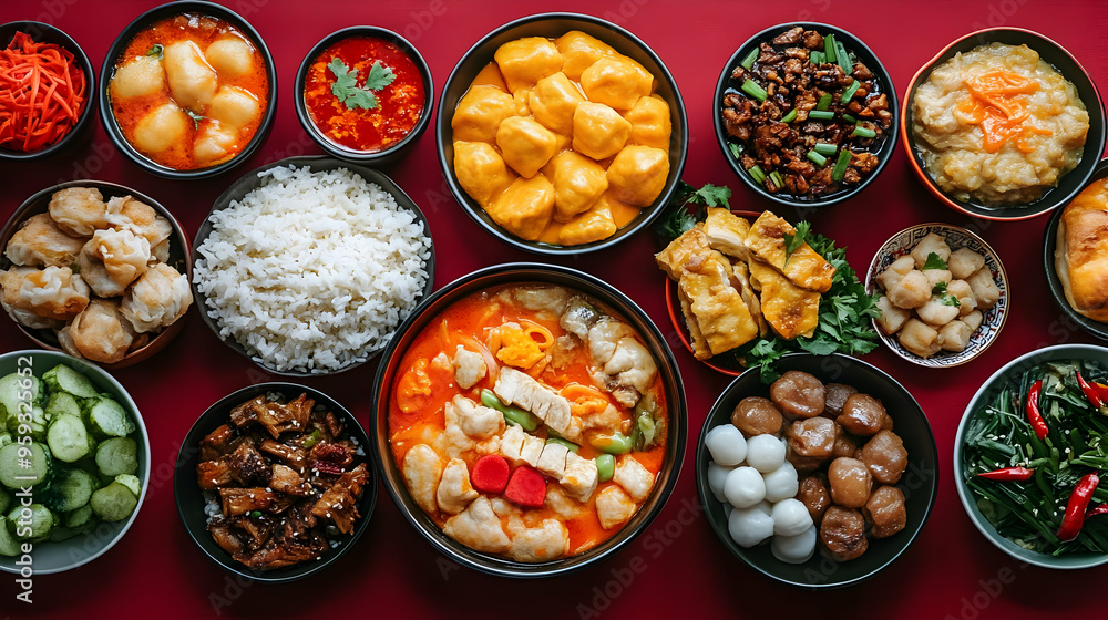 A table spread of various Chinese dishes, including dumplings, stir-fried dishes, and noodles. A table spread of various Chinese dishes, including dumplings, stir-fried dishes, and noodles.