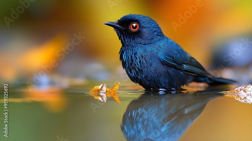 Masked Flowerpiercer Diglossa cyanea mirroring in the water  Widespread in the Andes from Venezuela to Bolivia usually above 2000 m Feeds on fruit nectar and insects : Generative AI