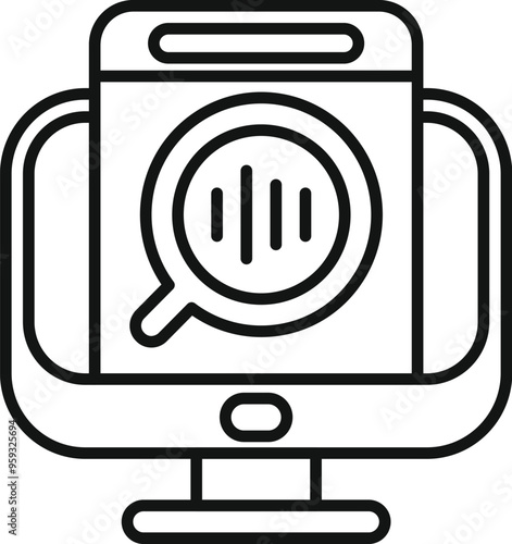Simple vector icon representing data analysis, using a computer with a magnifying glass analyzing a bar chart