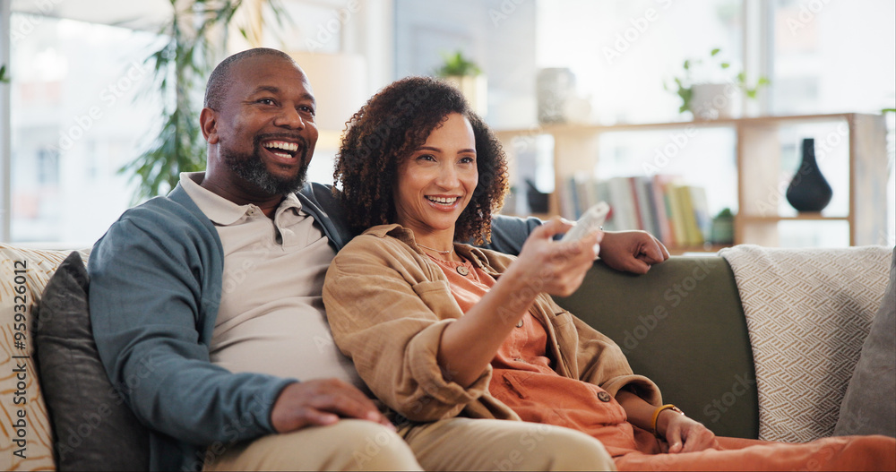 Couple, happy and relax in house for watching tv, movie and bonding on sofa with subscription service. Man, woman and chill in living room for television, film and streaming with remote control click Couple, happy and relax in house for watching tv, movie and bonding on sofa with subscription service. Man, woman and chill in living room for television, film and streaming with remote control click