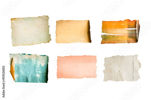 Set of realistic vintage torn paper pieces with various textures and colors, isolated png clipart  photo