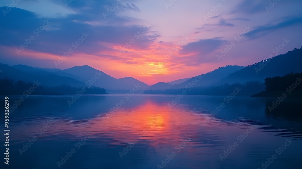 Picturesque colorful illuminate twilight sky reflection on lake ganga river water Peaceful sundown evening and dawn time below mountain hill for tourist destination in asia Spring time : Generative AI Picturesque colorful illuminate twilight sky reflection on lake ganga river water Peaceful sundown evening and dawn time below mountain hill for tourist destination in asia Spring time : Generative AI