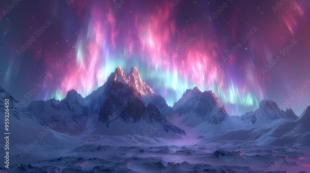 Obraz premium Aurora Borealis Over Snowy Mountains 3D Illustration