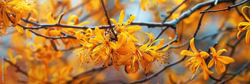 Decorative shrub of witch hazel featuring golden yellow strap-like petals during winter Decorative shrub of witch hazel featuring golden yellow strap-like petals during winter