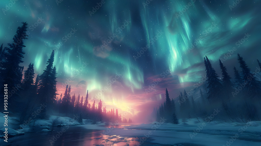 Aurora Borealis Illustration in a Snowy Forest Aurora Borealis Illustration in a Snowy Forest