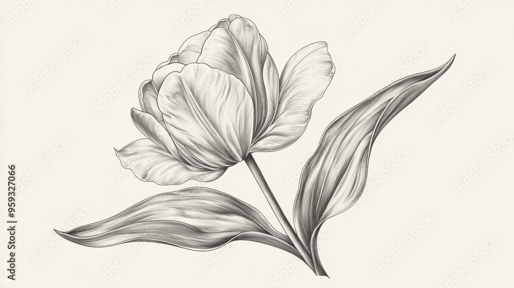 Obraz premium A beautifully detailed sketch of a tulip flower, showcasing its graceful petals and leaves in monochrome art style.