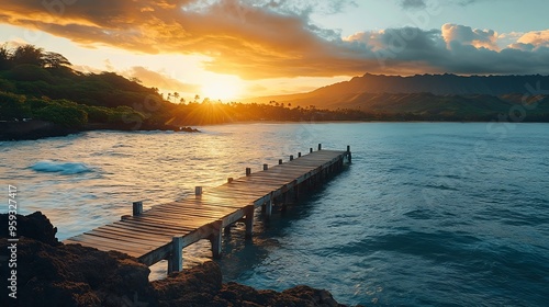 Waimea bay state pier at sunset waimea kauai island hawaii united states of america north america : Generative AI photo