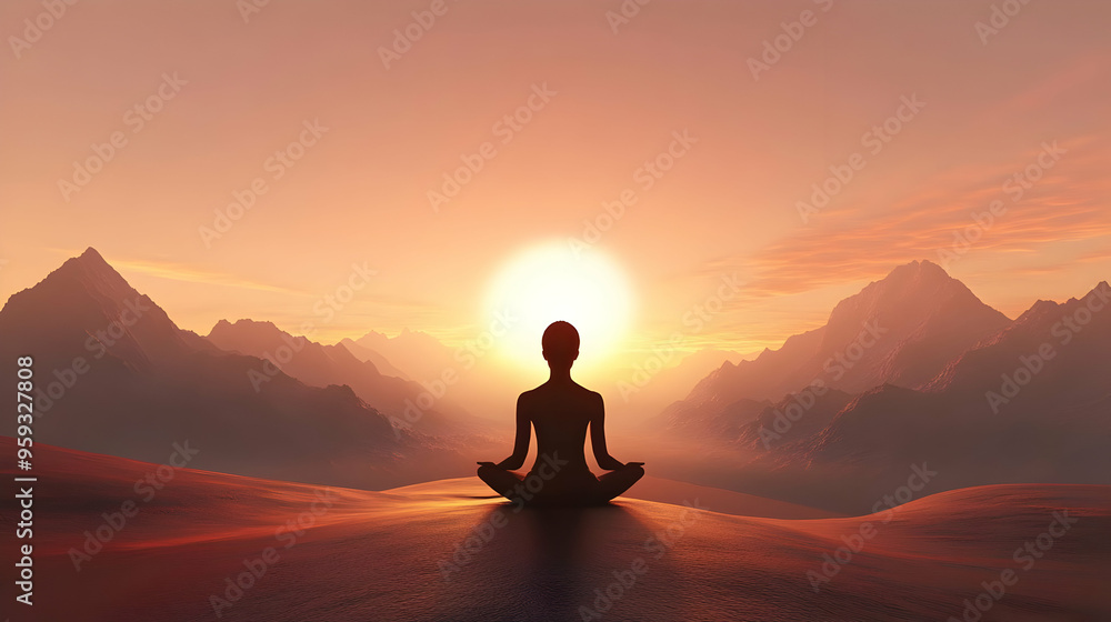 A woman meditating in a serene desert landscape at sunset, with mountains in the background. A woman meditating in a serene desert landscape at sunset, with mountains in the background.