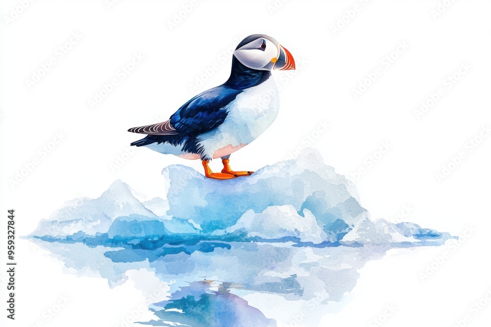 A vibrant watercolor illustration of a puffin standing on an ice floe, showcasing its colorful beak against a serene backdrop. A vibrant watercolor illustration of a puffin standing on an ice floe, showcasing its colorful beak against a serene backdrop.