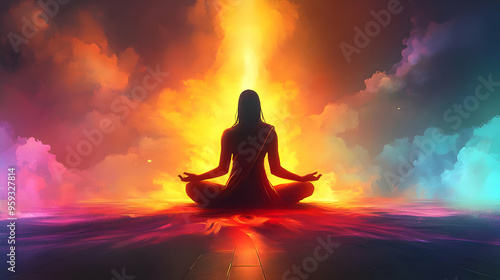 A woman meditating in a serene landscape with colorful clouds and a bright light shining down on her.