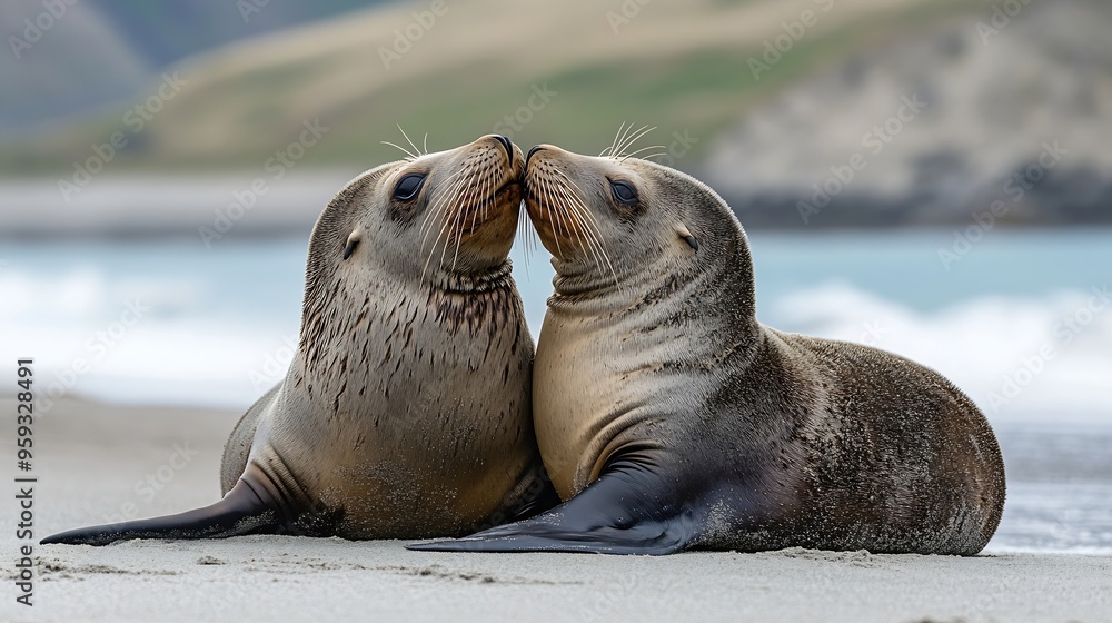 Fototapeta premium cute couple of new zealand sea lions mating on the beach allans beach on otago peninsula near dunedin new zealand : Generative AI