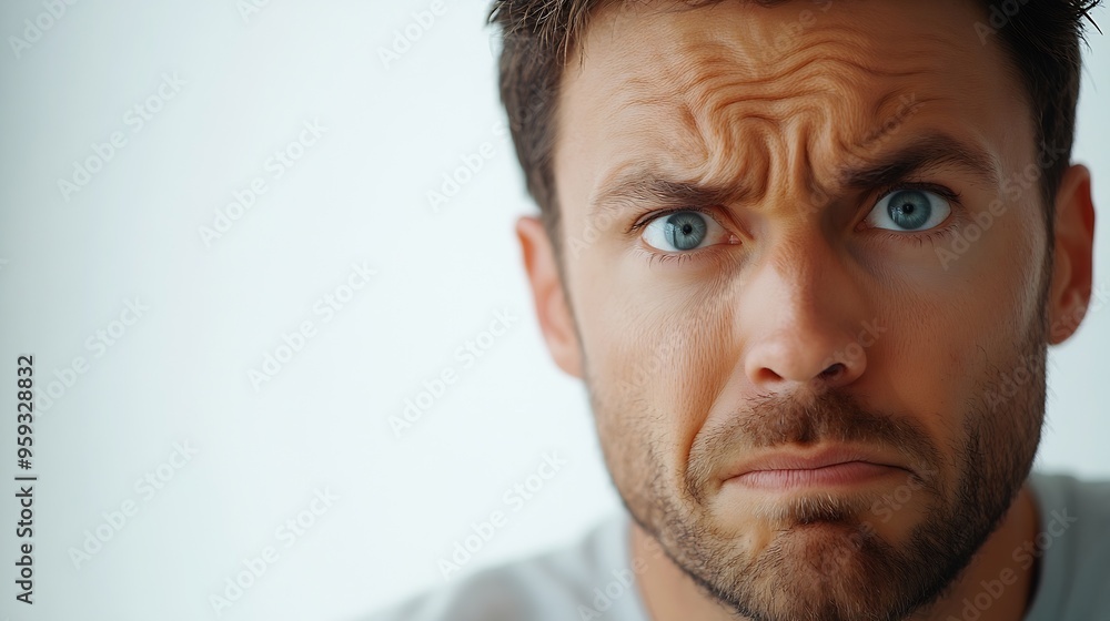 Fototapeta premium Close up portrait of unhappy stressed man isolated on white background : Generative AI