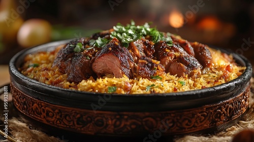 Kabsa with cooked meats  Mandi  Kabsah  Meats Mandi Saudi kabsa  homemade arabian rice spice arabic cuisine : Generative AI photo