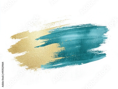 Bold teal brush strokes in watercolor on white, gold trimmed.
