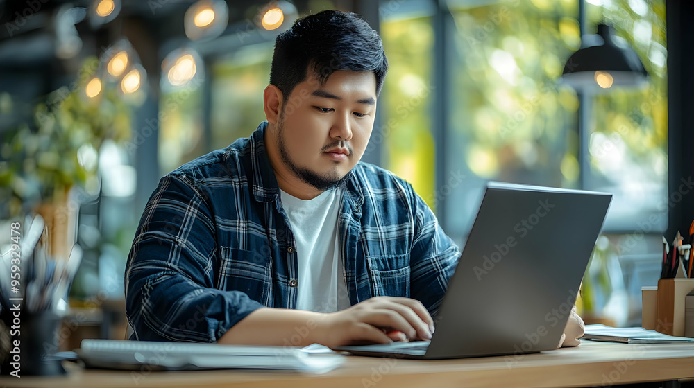 A young man in a plaid shirt works on a laptop at a desk in a cafe. A young man in a plaid shirt works on a laptop at a desk in a cafe.