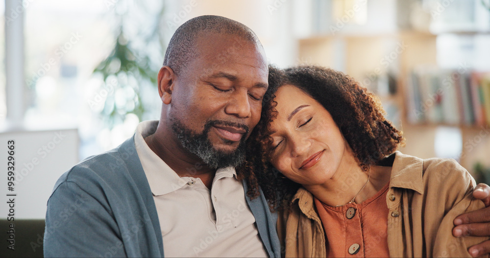 Couple, happy and hug in house for relax, love and bonding on sofa with connection, comfort and peace. Man, woman and chill in living room for weekend, care and support with embrace together on couch