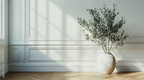 White classic wall background brown parquet floor home furniture detail frame and vase of plant : Generative AI