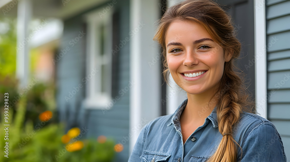 A young woman smiles in front of her house. A young woman smiles in front of her house.