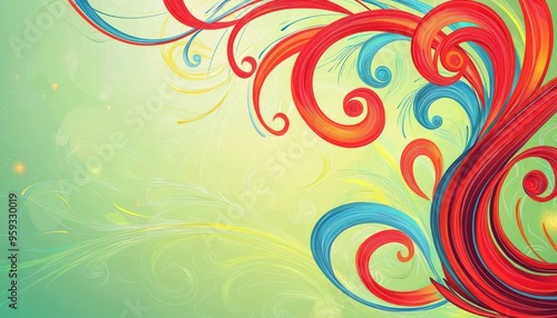 Red and blue swirls on light green, highlighted dynamically by yellow.