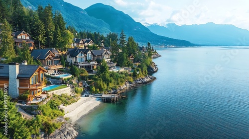 Aerial panorama of luxury homes in a beautiful location at the shore overlooking Howe Sound Taken in Furry Creek North of Vancouver British Columbia Canada : Generative AI