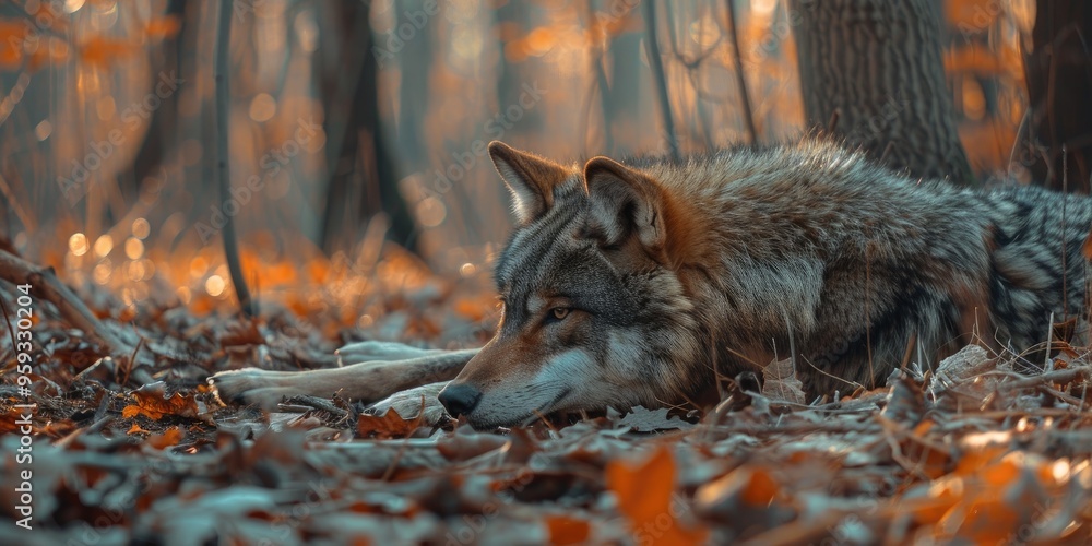 Wolf resting on the forest floor Wolf resting on the forest floor