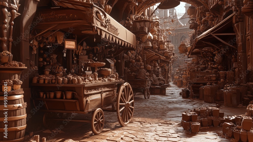 Naklejka premium Imagine a chocolate marketplace, with stalls and carts all made from chocolate.