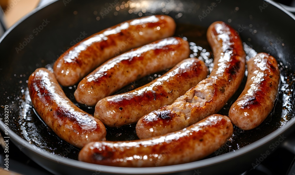 sizzling chipolata sausages inside a frying pan, Generative AI sizzling chipolata sausages inside a frying pan, Generative AI