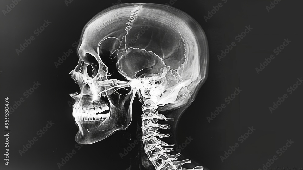 This X-ray image features an intricate side profile of a human skull ...