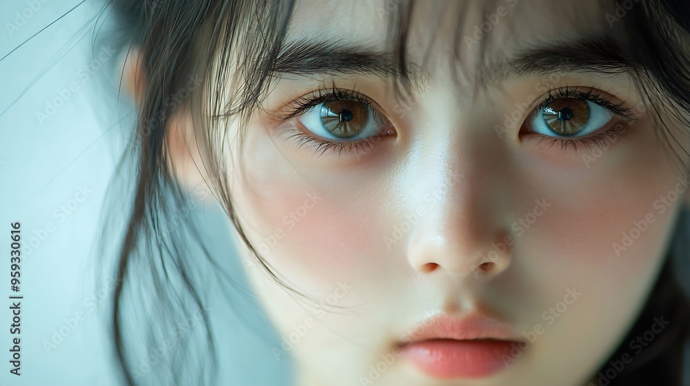 Closeup of a teenage asian girls face her expression is neutral and the focus is on her eyes : Generative AI Closeup of a teenage asian girls face her expression is neutral and the focus is on her eyes : Generative AI