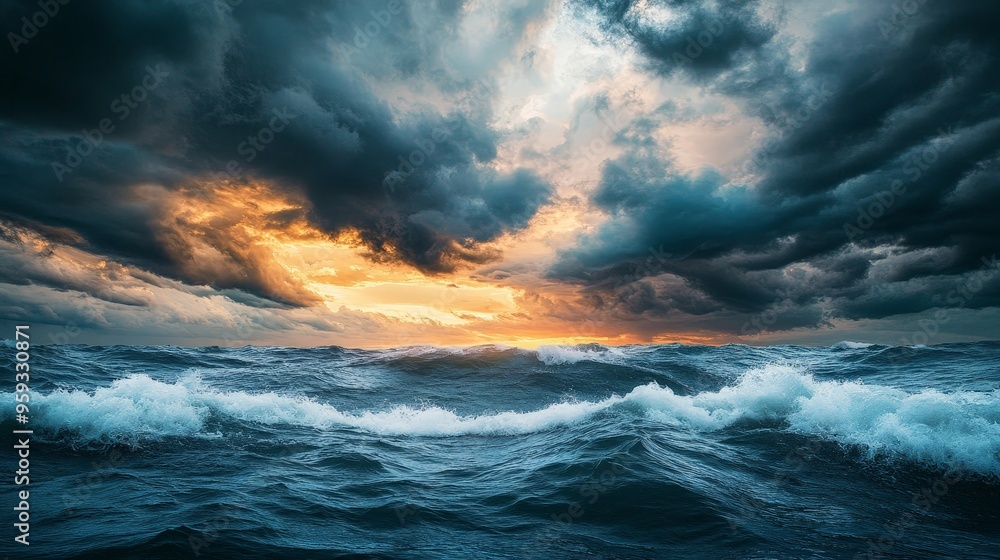 Fototapeta premium stormy sea beneath a sky filled with dark, swirling clouds, the waves crashing powerfully against the backdrop of the intense and dramatic sky