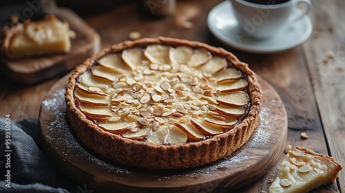 Horizontal shot of a whole round delicious apple cake tart with almond flakes served on wooden table With coffee in a cup and slice of a pie on soucer : Generative AI photo