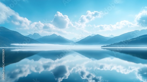 Tranquil Horizon Minimalistic Panorama of Clouds Mountains and Lake : Generative AI