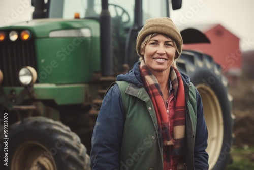 Portrait of a smiling middle aged female farmer standing next to tractor