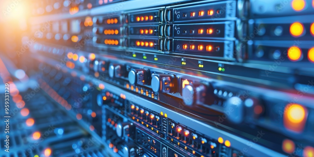 Obraz premium Detailed View of Data Center Hardware Installations: Equipment Installation in Server Rack and Motherboard Setup in Server Environment