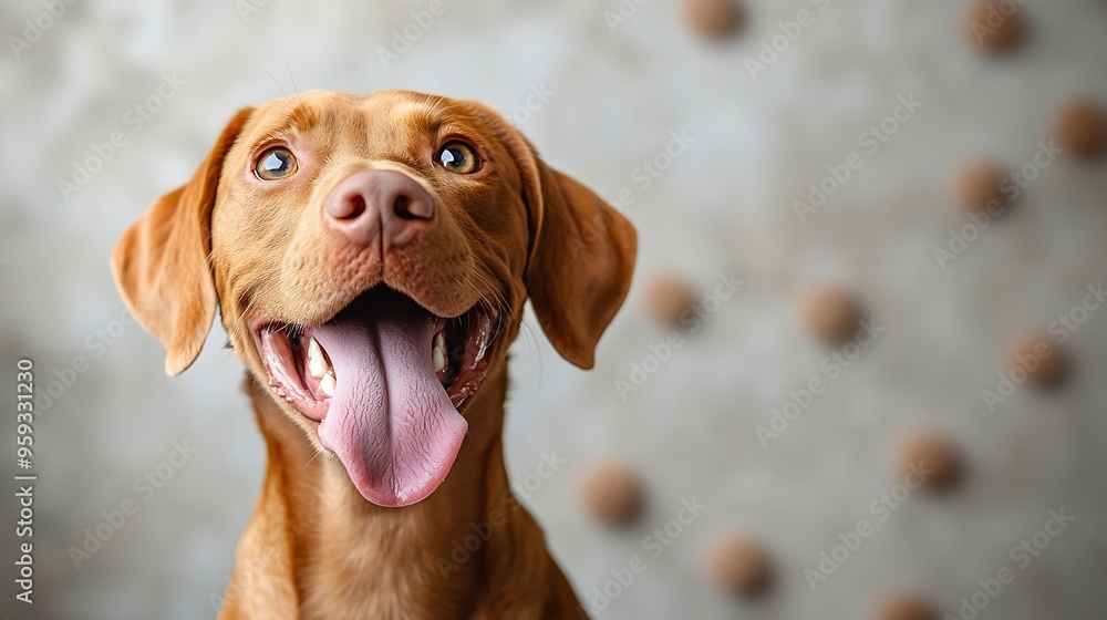 Closeup of Hungarian Vizsla dog with tongue out looking away against white studio background Playful friendly expression Concept of pet lovers animal life grooming and veterinary Copy : Generative AI Closeup of Hungarian Vizsla dog with tongue out looking away against white studio background Playful friendly expression Concept of pet lovers animal life grooming and veterinary Copy : Generative AI
