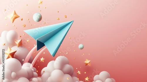 A teal paper plane ascending among fluffy clouds and golden stars in a pink sky, symbolizing dreams, aspiration, and creativity in a whimsical setting.