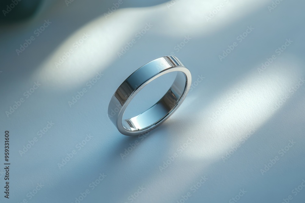 A solid chrome ring displayed on a blue surface with soft lighting, evoking feelings of durability, modern chic, and understated elegance through its clean and simple design.