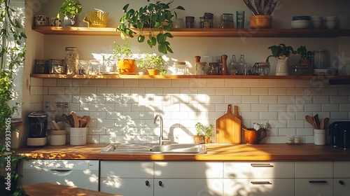 Wallpaper Mural A sunny kitchen with white tile walls a wooden table and sink : Generative AI Torontodigital.ca