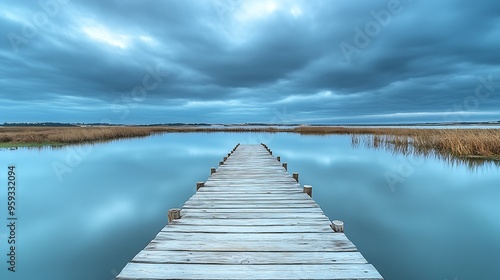 Empty wooden pier to the Ria de Aveiro in Portugal with dramatic sky and calm water Torreira Murtosa  Portugal : Generative AI photo