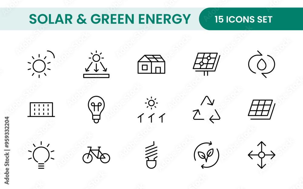 A Modern and Versatile Icon Set for Solar Energy, Renewable Resources, Eco-Friendly Solutions, and Green Technology Initiatives A Modern and Versatile Icon Set for Solar Energy, Renewable Resources, Eco-Friendly Solutions, and Green Technology Initiatives