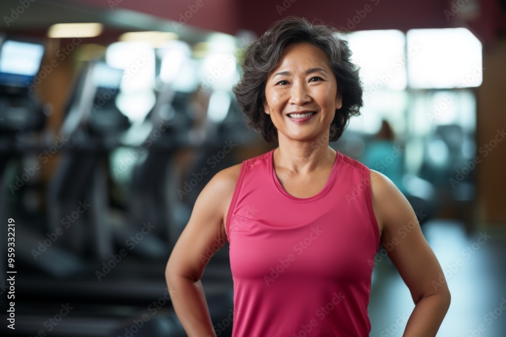 Smiling portrait of a middle aged slightly overweight woman in gym Smiling portrait of a middle aged slightly overweight woman in gym