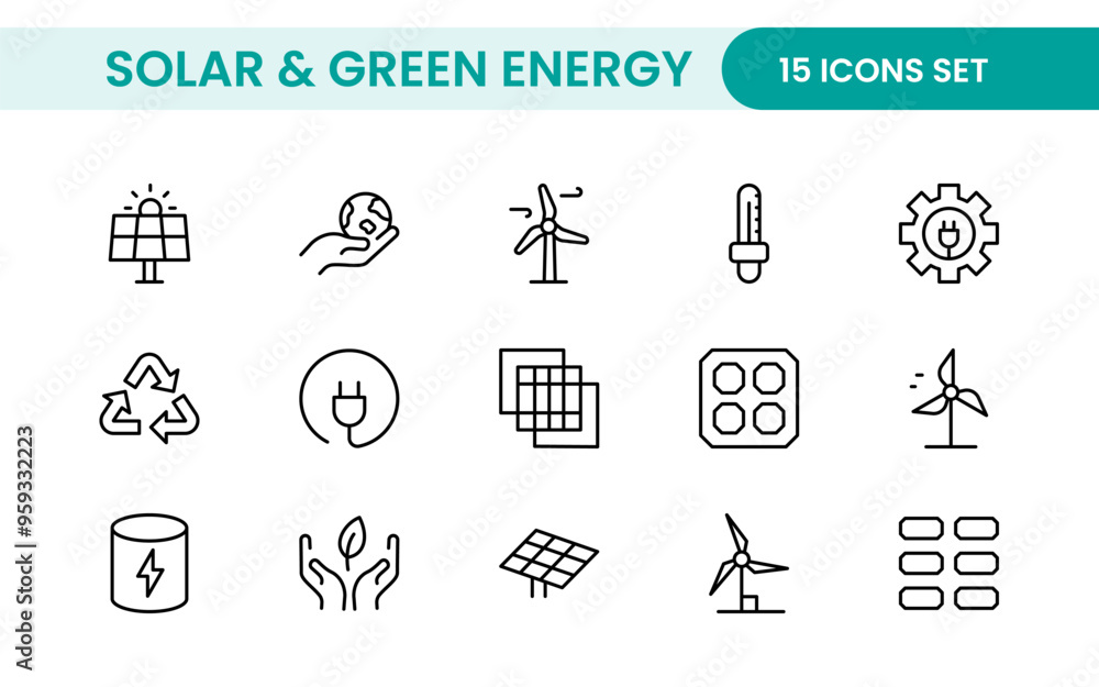 A Modern and Versatile Icon Set for Solar Energy, Renewable Resources, Eco-Friendly Solutions, and Green Technology Initiatives A Modern and Versatile Icon Set for Solar Energy, Renewable Resources, Eco-Friendly Solutions, and Green Technology Initiatives